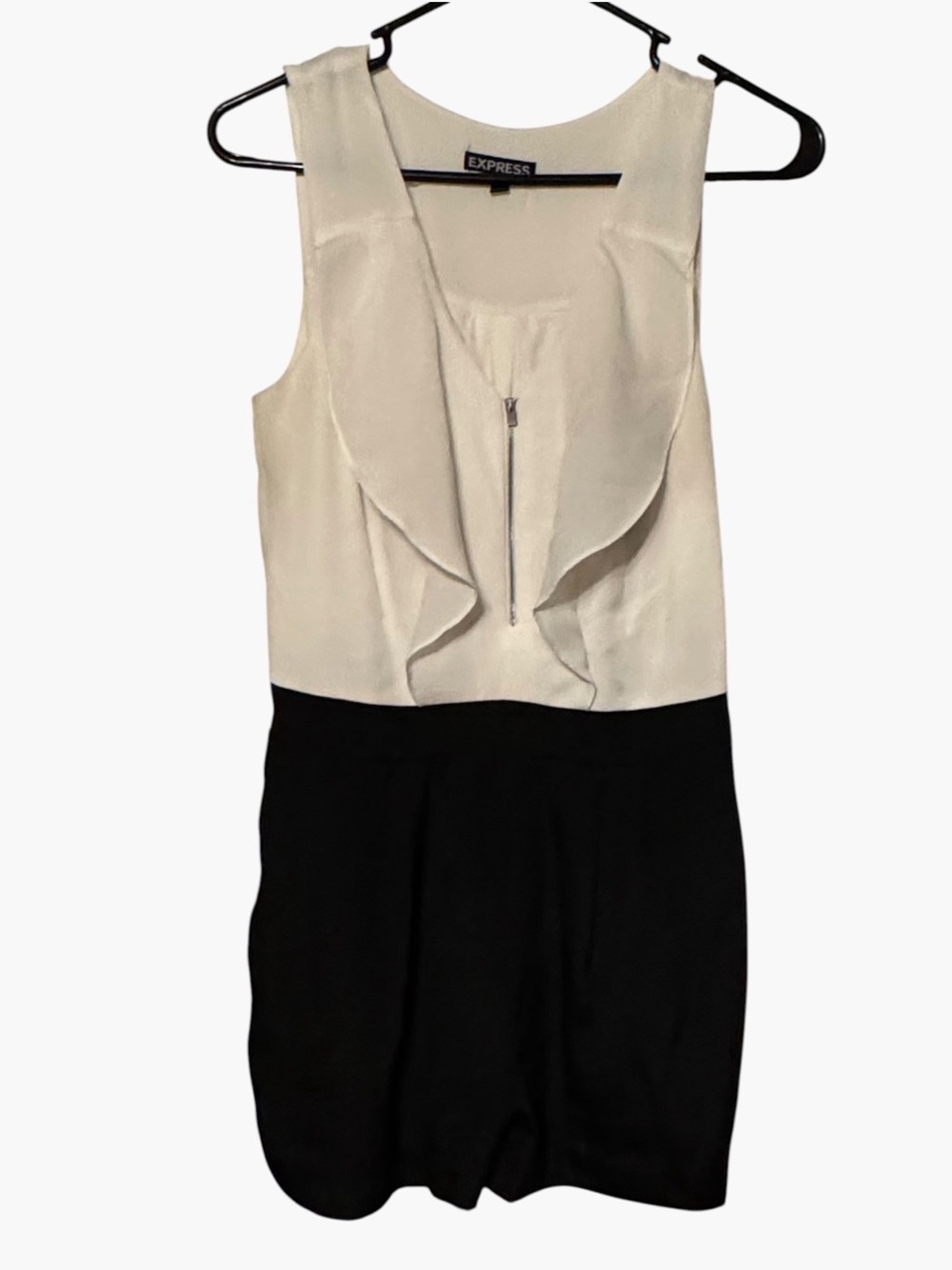 Express Two-Tone Cream and Black Sleeveless Romper with Zip Front